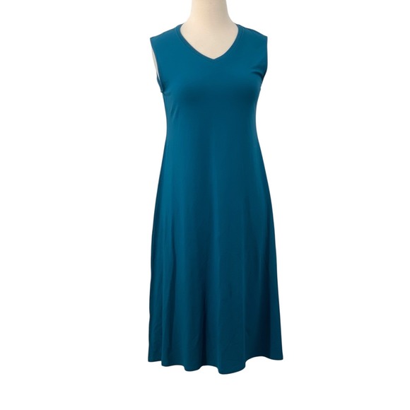 Eileen Fisher Sleeveless V-neck Jersey Midi Dress Teal Blue Minimalist Size PP - Picture 1 of 6